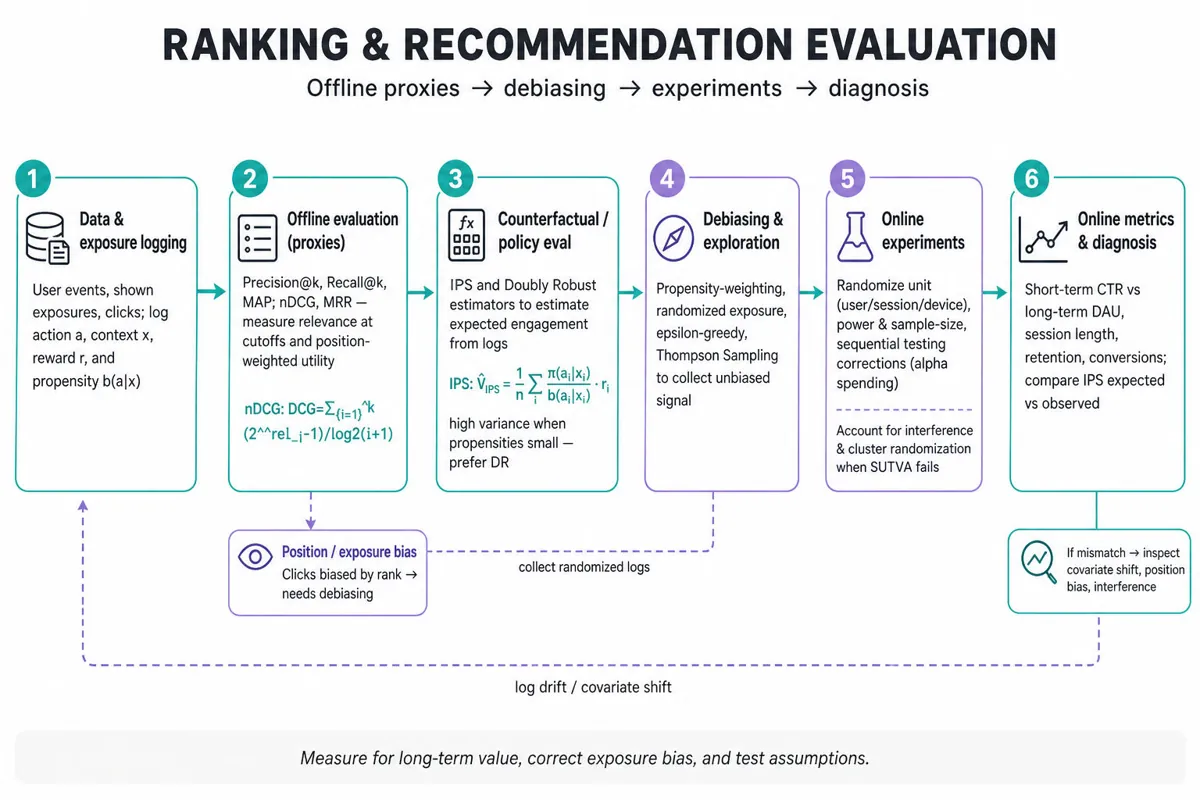 Horizontal editorial infographic pipeline showing stages for ranking and recommendation evaluation: data logging, offline metrics (Precision@k, nDCG, MRR), counterfactual estimators (IPS, DR), exploration/debiasing, online A/B testing, and online metrics/diagnosis.