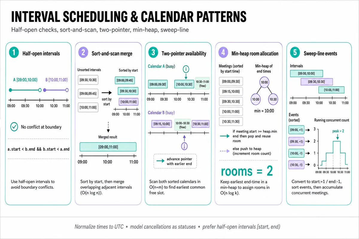 Horizontal 5-frame infographic tracing interval-scheduling patterns: half-open interval check, sort-and-merge, two-pointer availability across two calendars, min-heap room allocation, and sweep-line event counts.