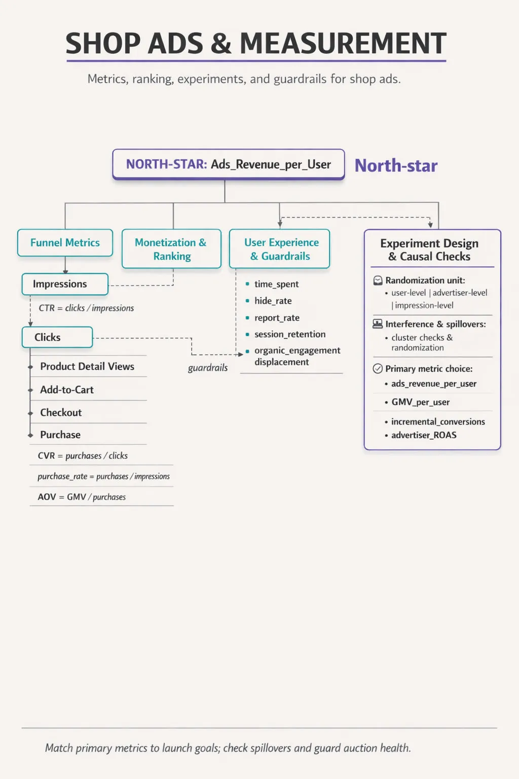 Vertical metric tree: top node 'NORTH-STAR: Ads_Revenue_per_User' branching to Funnel Metrics, Monetization, User Experience, Advertiser Outcomes, and Experiment Design with key metrics and formula.