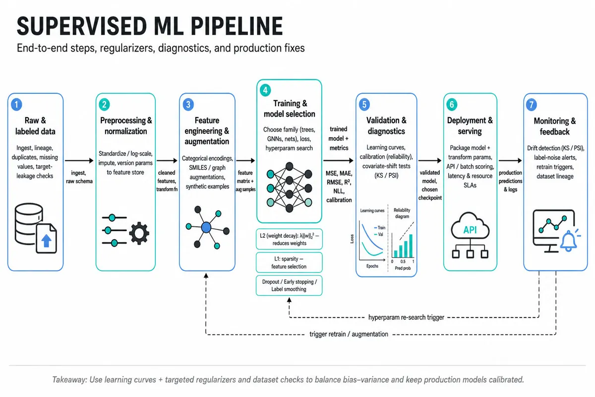 Horizontal infographic pipeline: Raw data → Preprocessing → Feature engineering → Training (regularizers shown) → Validation & diagnostics (learning curves, calibration) → Serving → Monitoring & drift.