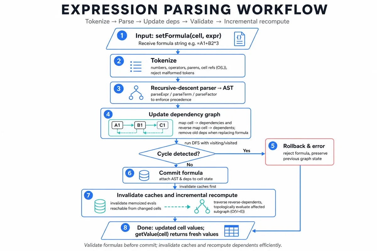 Top-to-bottom flowchart showing expression parsing pipeline: input formula → tokenize → parse/AST → update dependency graph → cycle-detect (yes/no) → commit or rollback → incremental recompute with memoized eval; arrows and small graph icon.