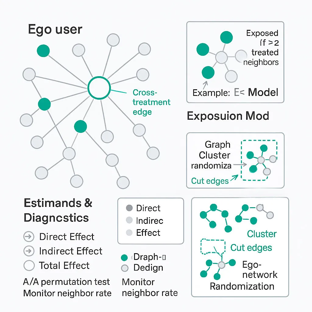 Clean diagram of a social graph showing treated vs control nodes, cluster randomization, an ego network exposure example, and estimand labels (direct, indirect, total effects).