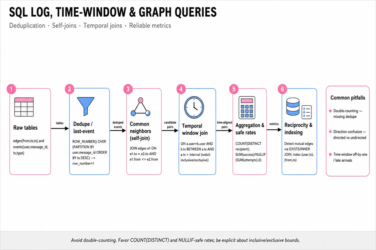 Horizontal pipeline infographic showing stages for SQL log processing: raw tables, dedupe (ROW_NUMBER), self-join (common neighbors), temporal window join, aggregation with safe division, reciprocity and indexing; common pitfalls callout.