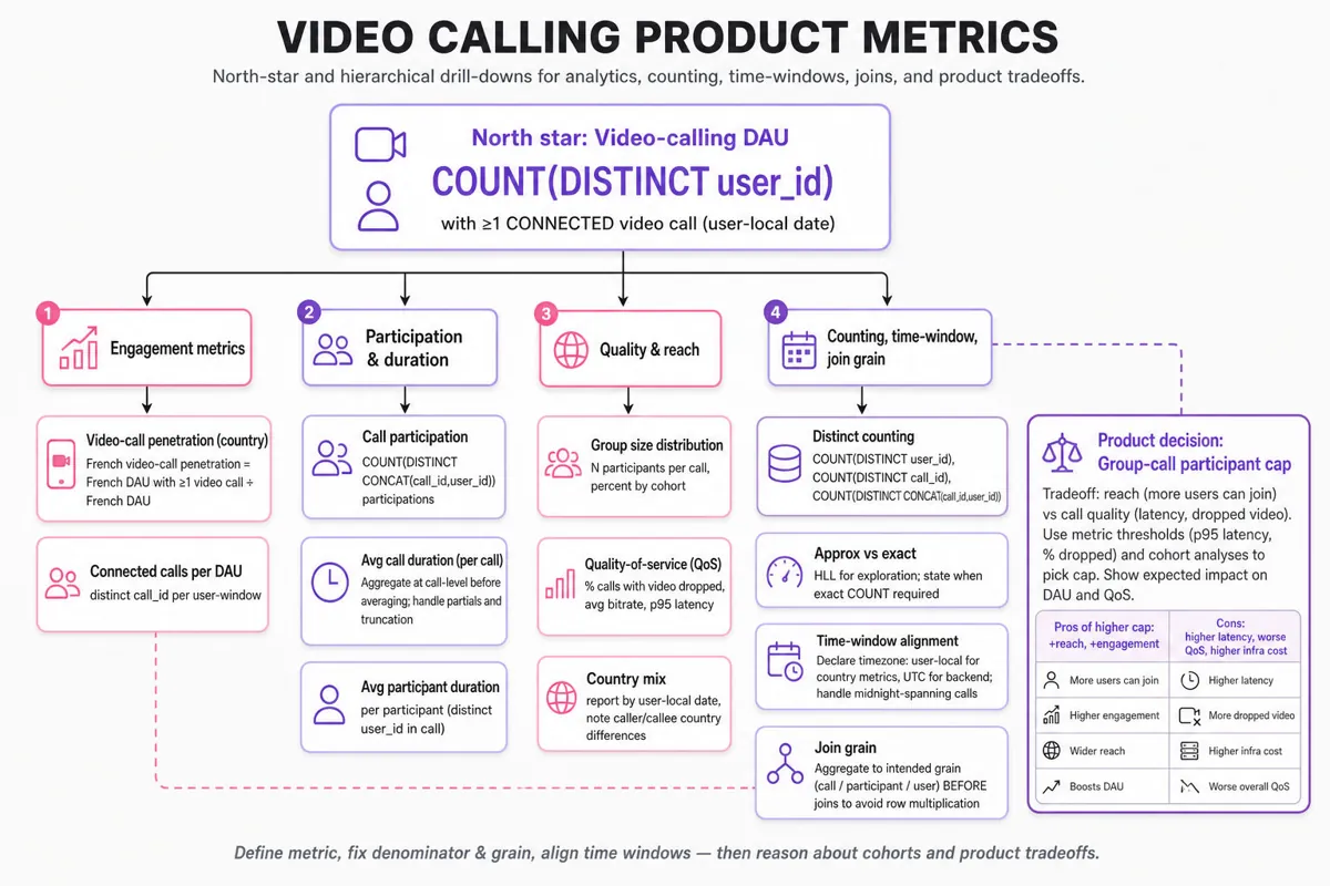 Hierarchical infographic tree showing a video-calling north-star metric at top with branches to engagement, participation, quality & reach, counting & time-window, and a product decision node about participant-cap tradeoffs.