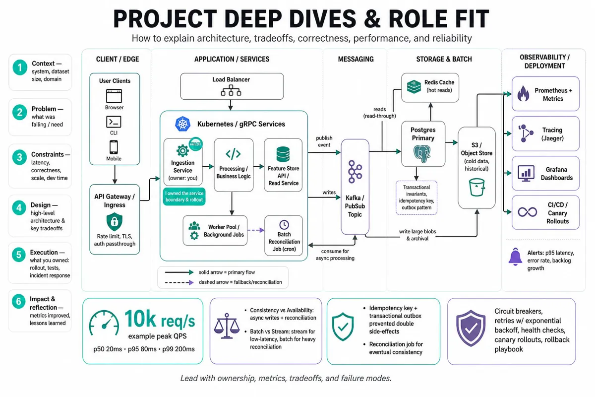 Landscape architecture infographic showing client/edge → app → data layers with API Gateway, Kubernetes services, Kafka, Postgres, Redis, S3, observability, plus numbered narrative badges and tradeoff callouts.