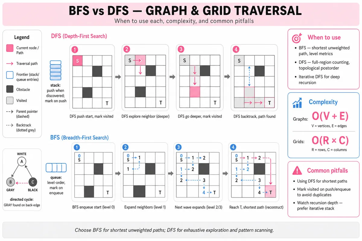 Editorial infographic showing side-by-side 4-step traces of DFS (top row) and BFS (bottom row) on a 4x4 grid, with legend, complexity cards, use-cases, and common pitfalls.