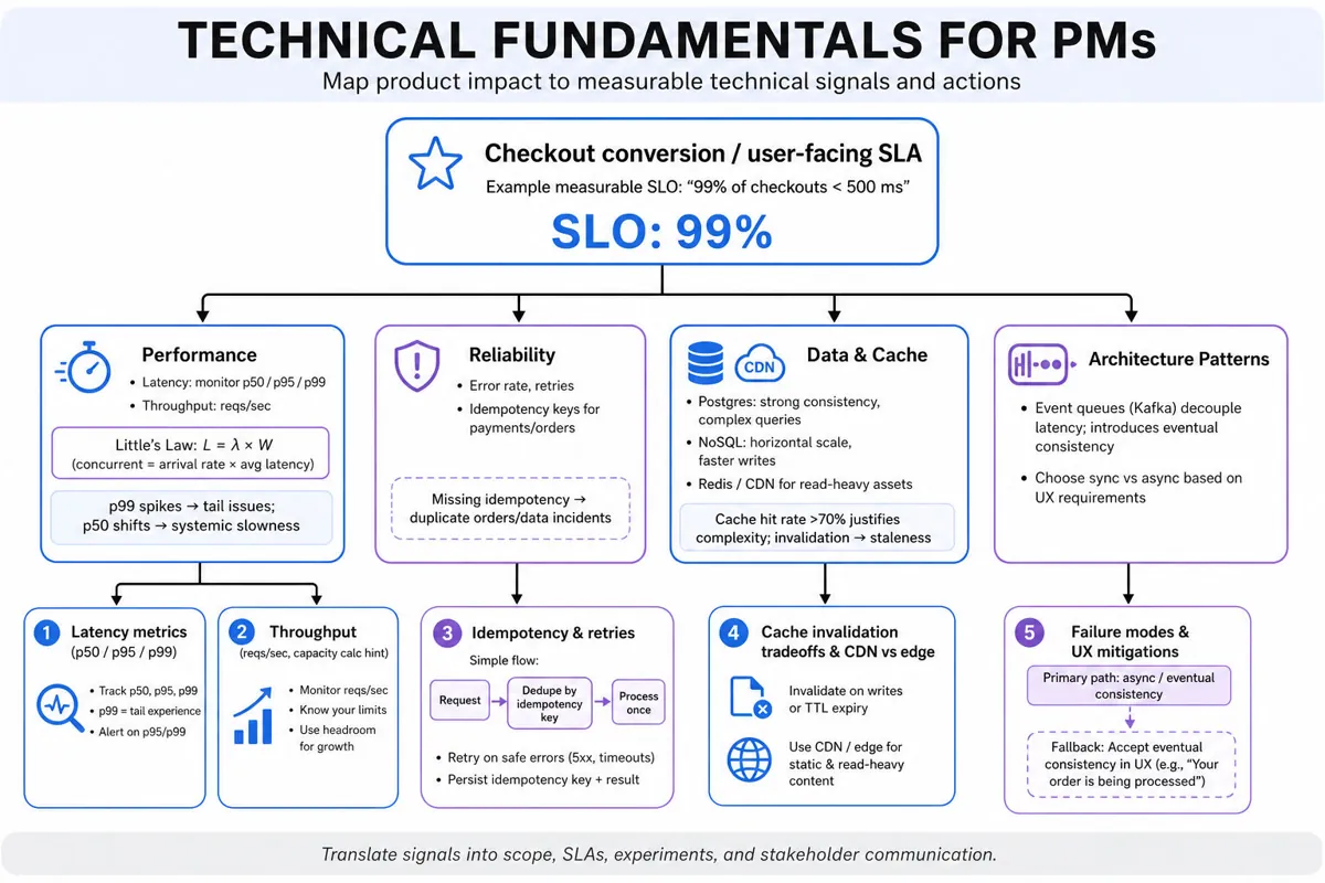 Hierarchical infographic: top 'North-star' metric (Checkout conversion / SLA) branching into Performance (latency p50/p95/p99, throughput), Reliability (error rate, idempotency & retries), Data & Cache (Postgres vs NoSQL, Redis, CDN, cache hit rate), Architecture (Kafka/queues), and Observability (m