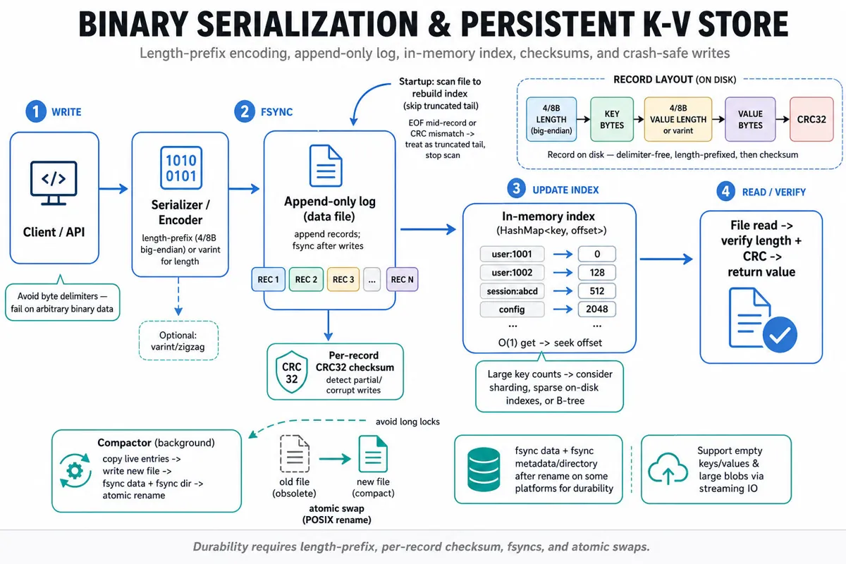 Clean boxes-and-arrows infographic showing client -> serializer -> append-only log file + checksum, in-memory HashMap index mapping keys to offsets, recovery scan, fsync + atomic rename compaction flow.