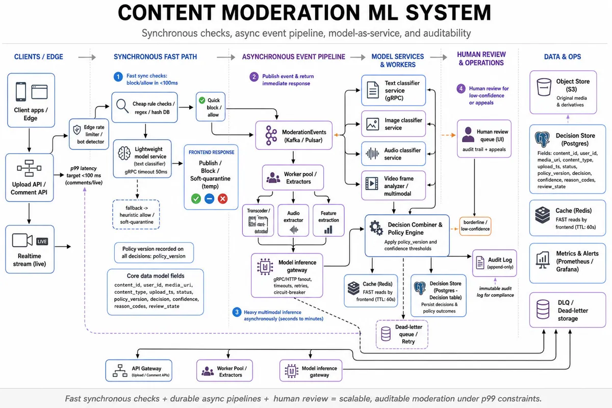 Boxes-and-arrows editorial architecture diagram for a content-moderation ML system: client/edge, sync checks, async Kafka pipeline, model inference services, decision store, human review, audit logs.
