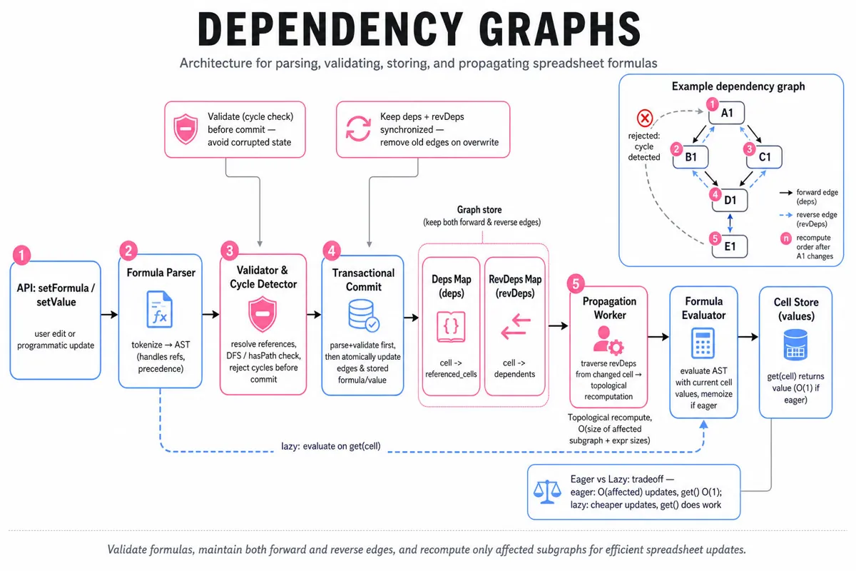 Landscape editorial infographic showing an architecture for spreadsheet dependency graphs: setFormula API → parser → validator/cycle detector → transactional commit to deps/revDeps store → propagation worker → evaluator → cell store; inset example node graph with topological order.