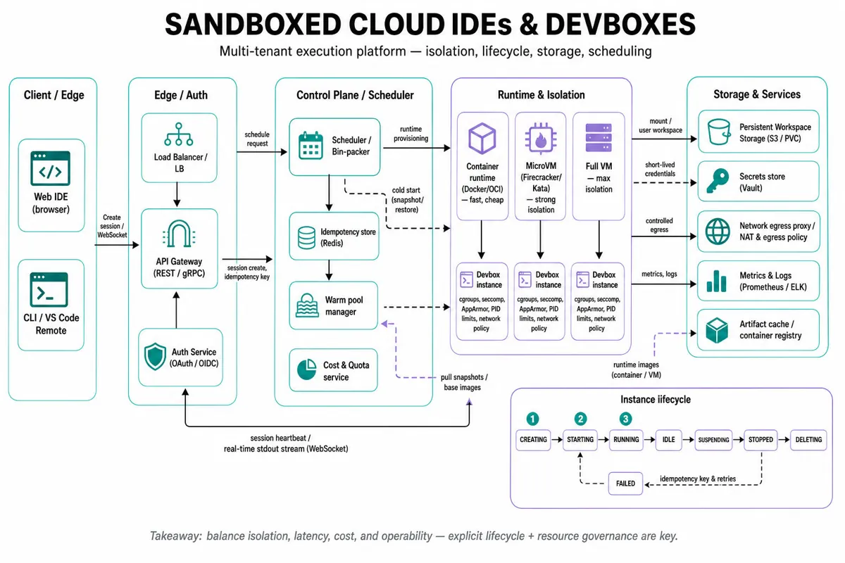 Architecture diagram of a multi-tenant sandboxed cloud IDE platform showing client, API gateway, auth, scheduler, warm pool, runtime (container / microVM / VM), persistent workspace storage, secrets, network egress proxy, monitoring, and a small lifecycle-state inset.