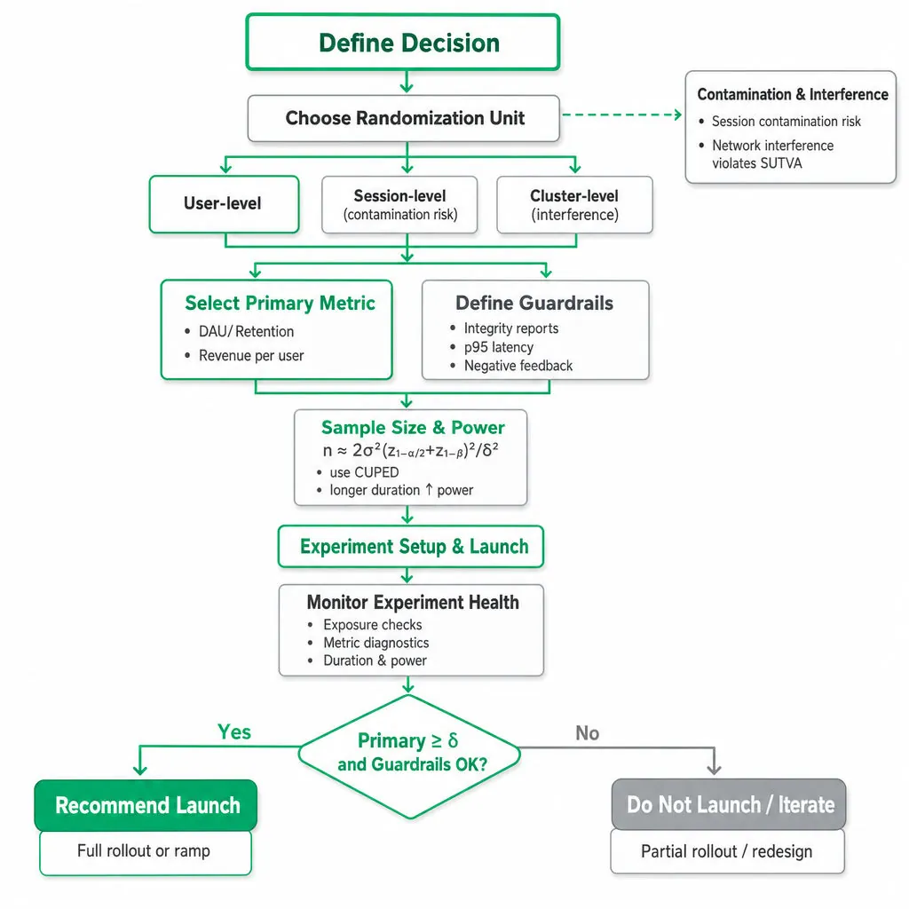 Flowchart of A/B test design and launch decision: define decision → choose randomization unit (user/session/cluster) → select primary metric + guardrails → sample size calc → run & monitor → analyze → launch/no-launch/iterate.