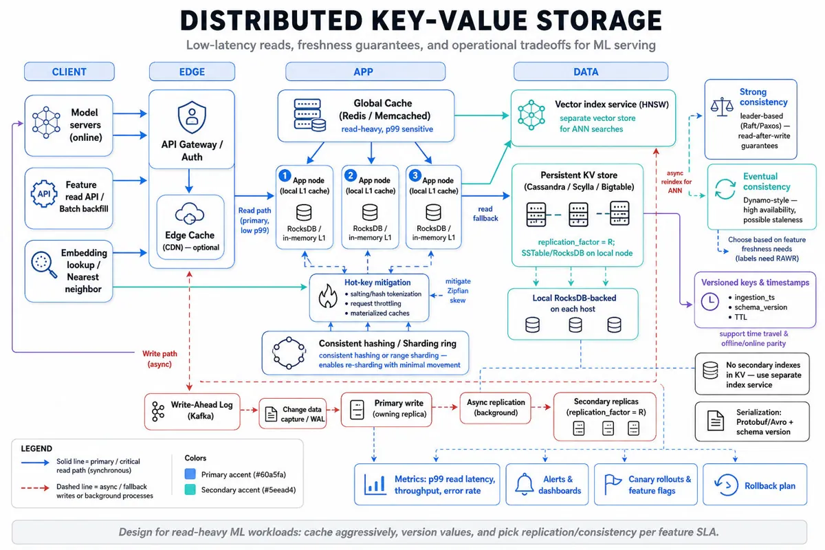 Editorial architecture infographic showing a distributed key-value store: clients, API gateway, edge cache, per-node cache, global cache (Redis), consistent-hashed shards, RocksDB + Cassandra store, vector index (HNSW), replication/consistency choices, hot-key mitigation, and monitoring/rollout.