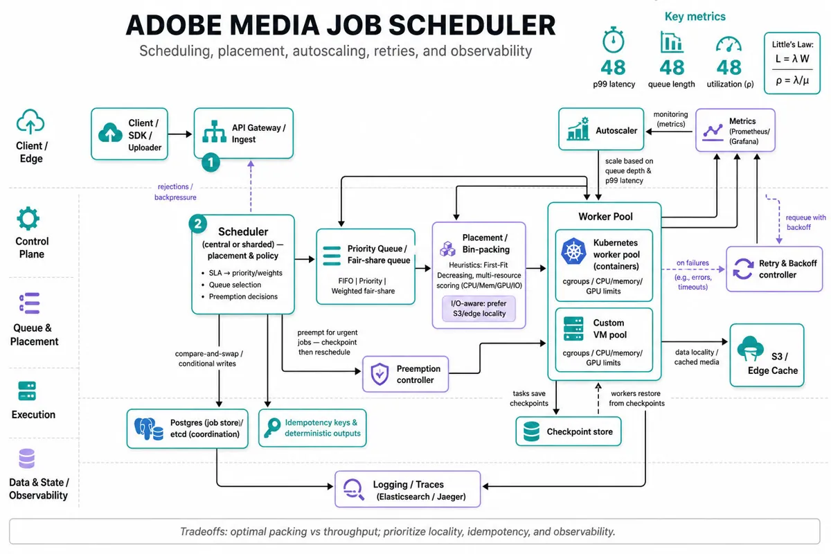 Architecture infographic showing a distributed media-processing scheduler: client → API Gateway → Scheduler → Priority Queue → Placement/bin-packing → Kubernetes worker pools near S3/cache, with Postgres/etcd state, autoscaler, retry/idempotency, and observability stack.