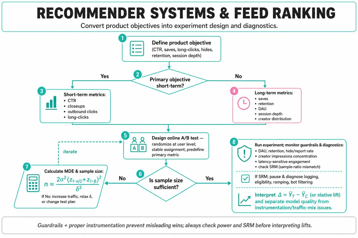 Top-to-bottom flowchart for feed-ranking experiments: define objective, choose short-term vs long-term metrics, design user-level A/B test, check sample size (MDE formula), monitor guardrails and SRM, interpret results.