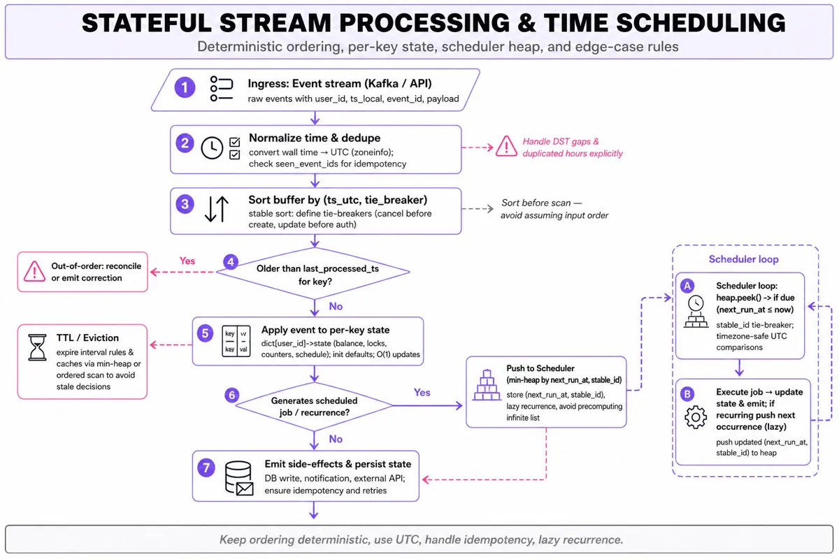 Top-to-bottom flowchart infographic: ingest events, timezone-normalize & dedupe, sort by (ts,tie_breaker), per-key state update, scheduler heap for due jobs and TTL eviction, decisions for out-of-order and recurring jobs, outputs.