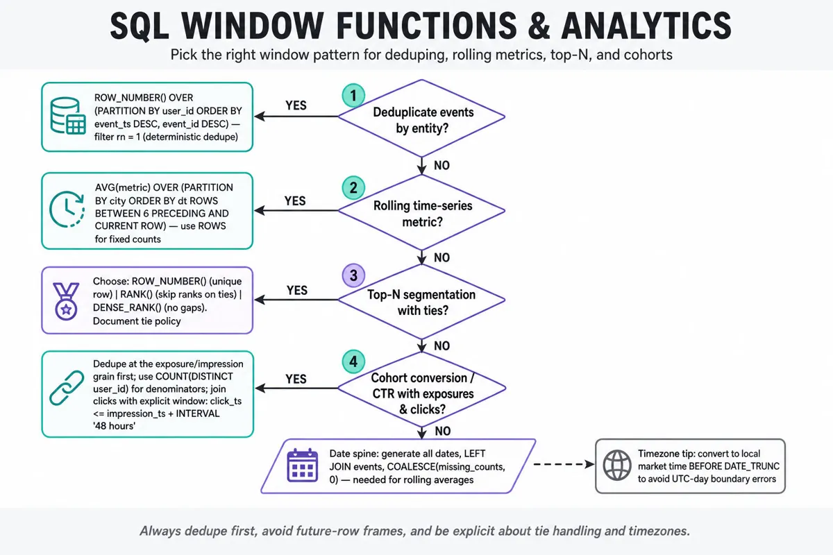 Top-to-bottom decision flowchart for choosing SQL windowing patterns: dedupe with ROW_NUMBER, rolling metrics with OVER ... ROWS, top-N ranking choices, cohort/CTR dedupe and join windows; date spine and timezone notes in footer.