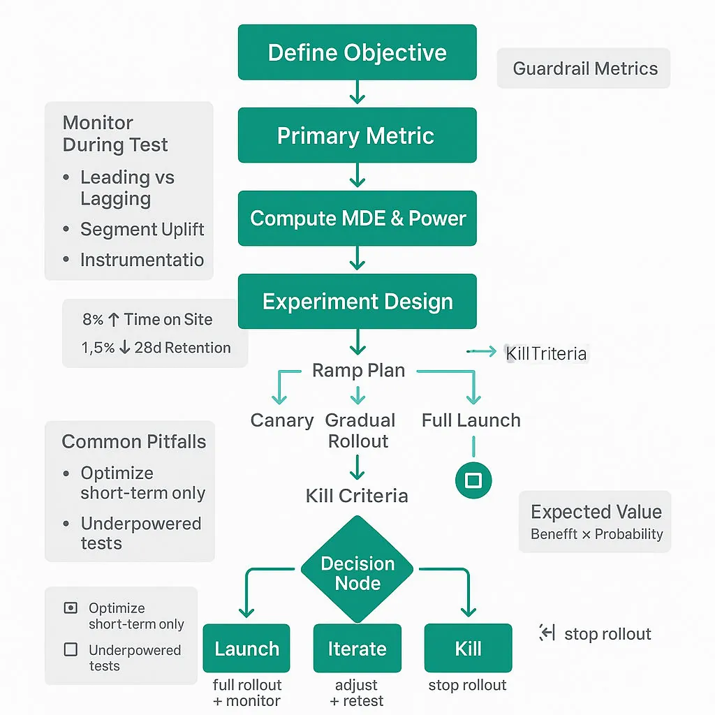 Flowchart showing decision steps for launches: define objective, pick primary metric and guardrails, compute MDE/power, experiment design and ramping, monitor segments/confounders, then decision: launch/iterate/kill.