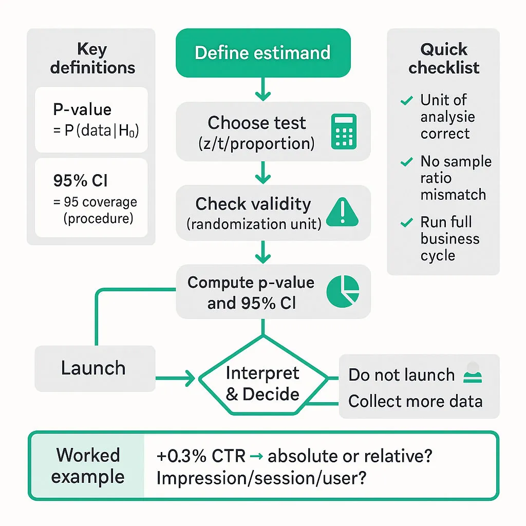 Clean flowchart: steps for hypothesis testing (define estimand → choose test → check validity → compute p-value & CI → interpret vs practical significance → decision) with side callouts explaining p-value and 95% CI and a checklist of common pitfalls.