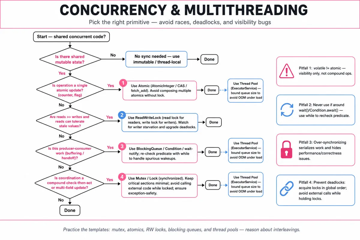 Top-to-bottom decision flowchart guiding which concurrency primitive to choose (mutex, atomic, ReadWriteLock, BlockingQueue, thread pool) with side notes on common pitfalls.