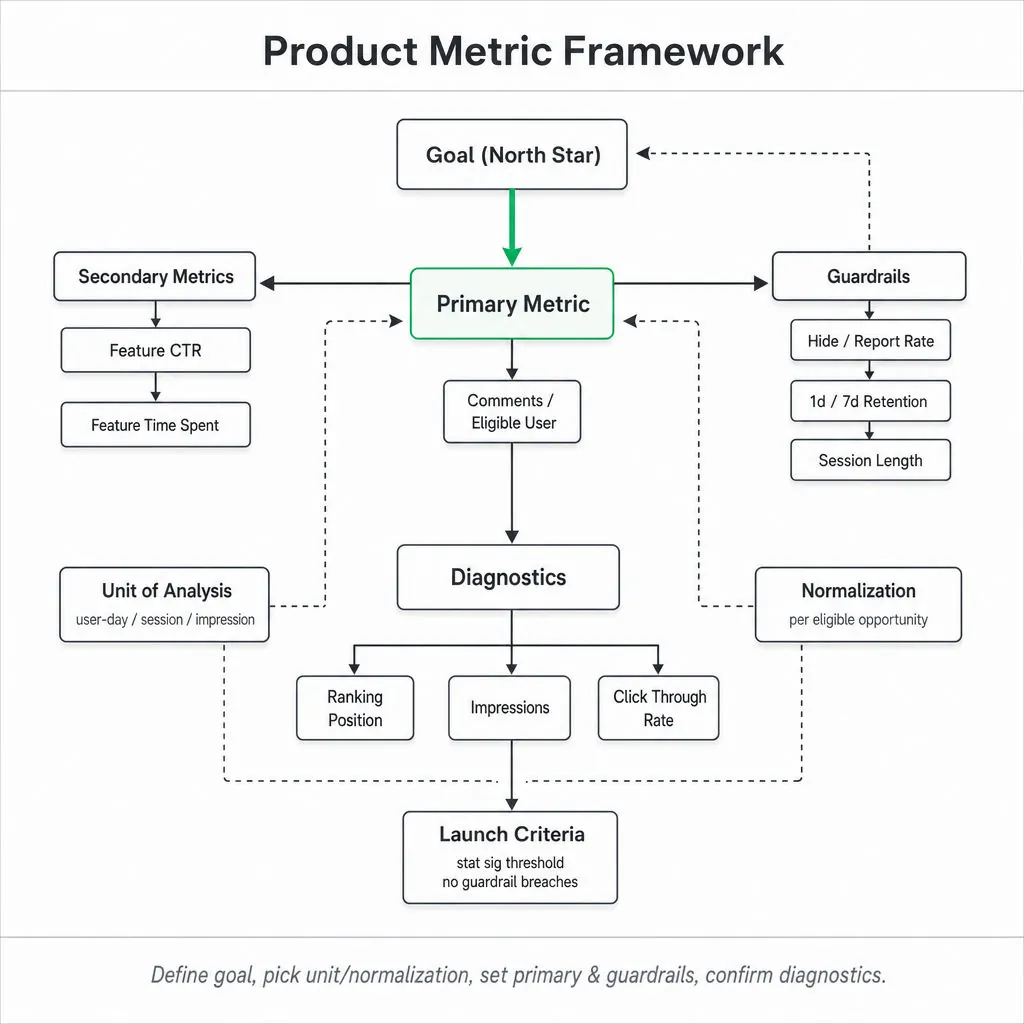 Hierarchical metric tree: Goal (north-star) at top, branches to highlighted Primary Metric, Secondary Metrics, Guardrails, Diagnostics, Unit of Analysis, Normalization, Segmentation, and Launch Criteria.