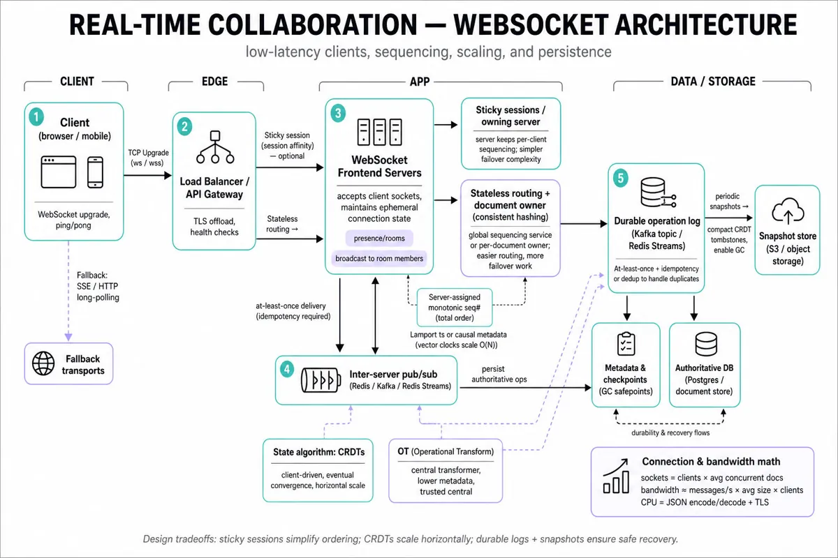 Clean architecture infographic showing WebSocket clients → load balancer → WebSocket frontend servers (sticky vs stateless) → inter-server pub/sub (Redis/Kafka) → durable log & snapshot storage, with arrows for fallbacks and notes on sequencing, CRDT vs OT, and presence rooms.