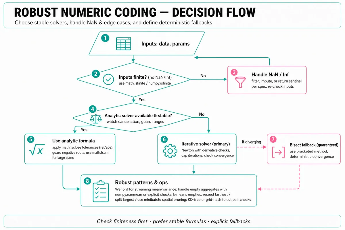 Top-to-bottom decision flowchart for robust numeric coding: validate inputs, choose analytic vs iterative solver (with bisect fallback), use Welford for streaming, handle NaN/empty, k-means reseed and spatial pruning.