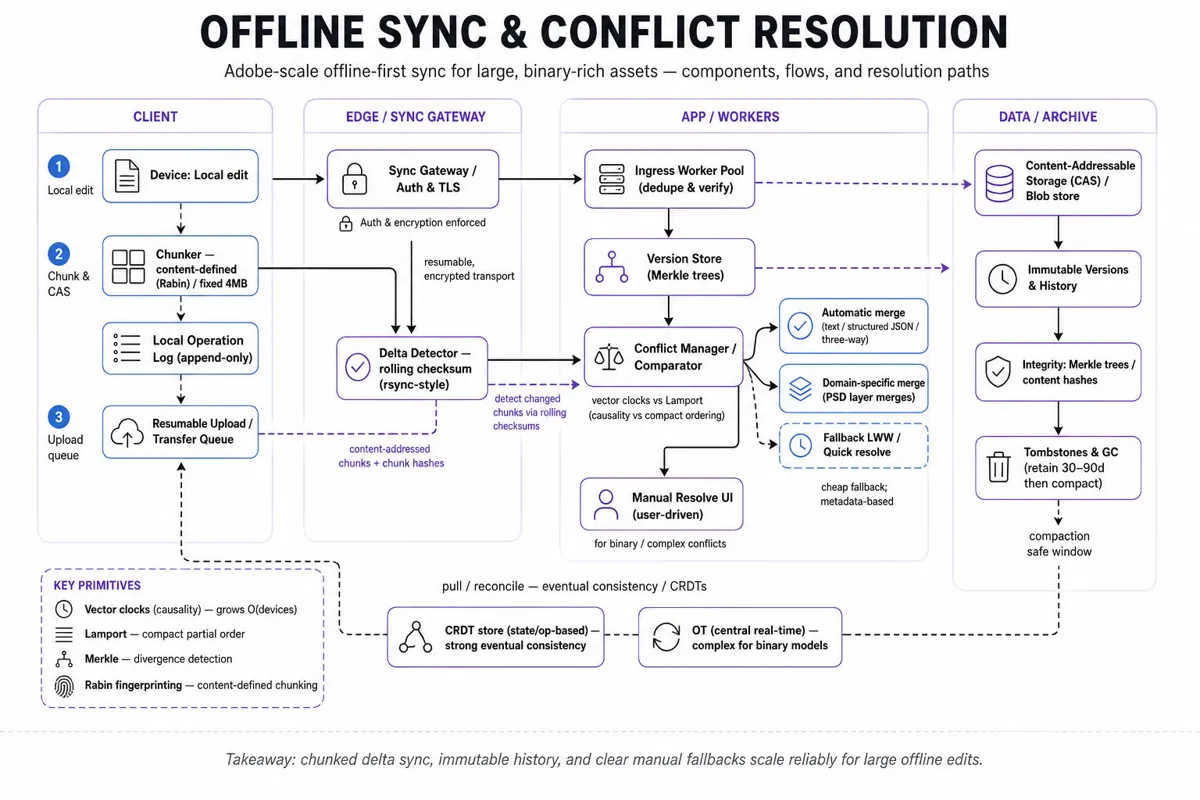 Architecture infographic showing client offline store, local op log, chunking, resumable uploads to Sync Gateway, server-side conflict manager, CRDT/LWW/manual resolution, Merkle version store, tombstone GC.