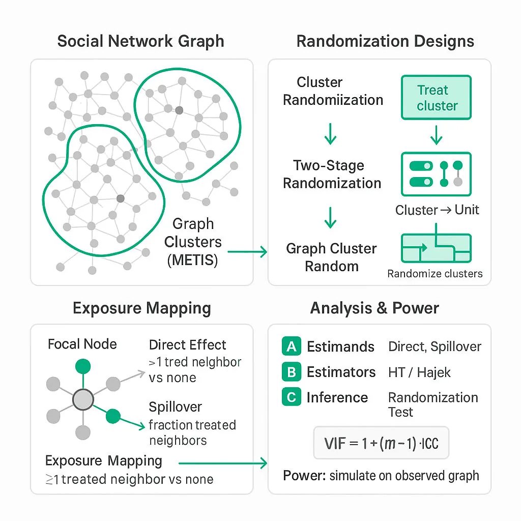 Diagram showing a social network with graph clustering, arrows for cluster and two-stage randomization, an exposure-mapping inset for a focal node, and analysis boxes for estimands and VIF.