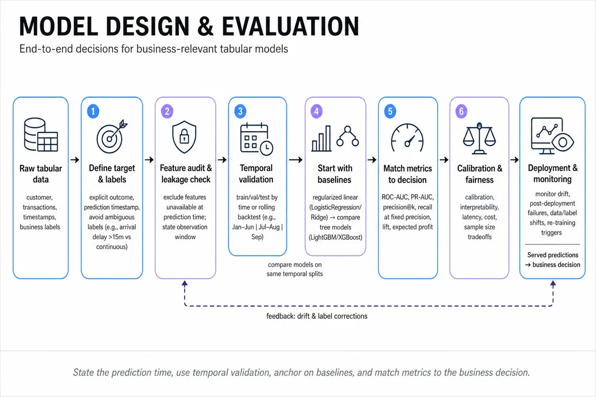 Horizontal editorial infographic showing an end-to-end ML pipeline from raw tabular data to served prediction, with stages: define target, feature/leakage audit, temporal validation, baseline models, evaluation metrics, calibration/fairness, deployment & monitoring.