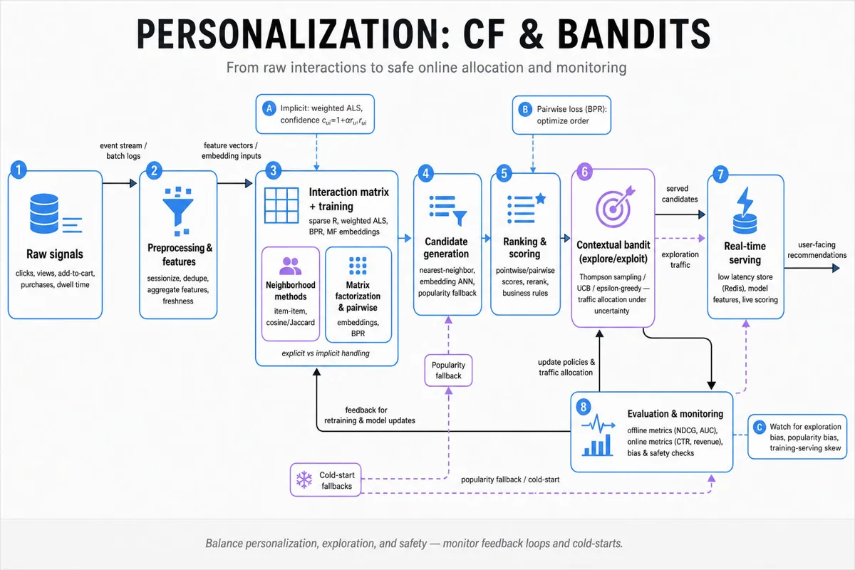 Horizontal editorial infographic pipeline: raw user signals → preprocessing → interaction matrix + offline training (neighborhood, MF, implicit/BPR) → candidate generation → ranking & contextual bandit allocation → evaluation & monitoring → retraining and cold-start fallbacks.