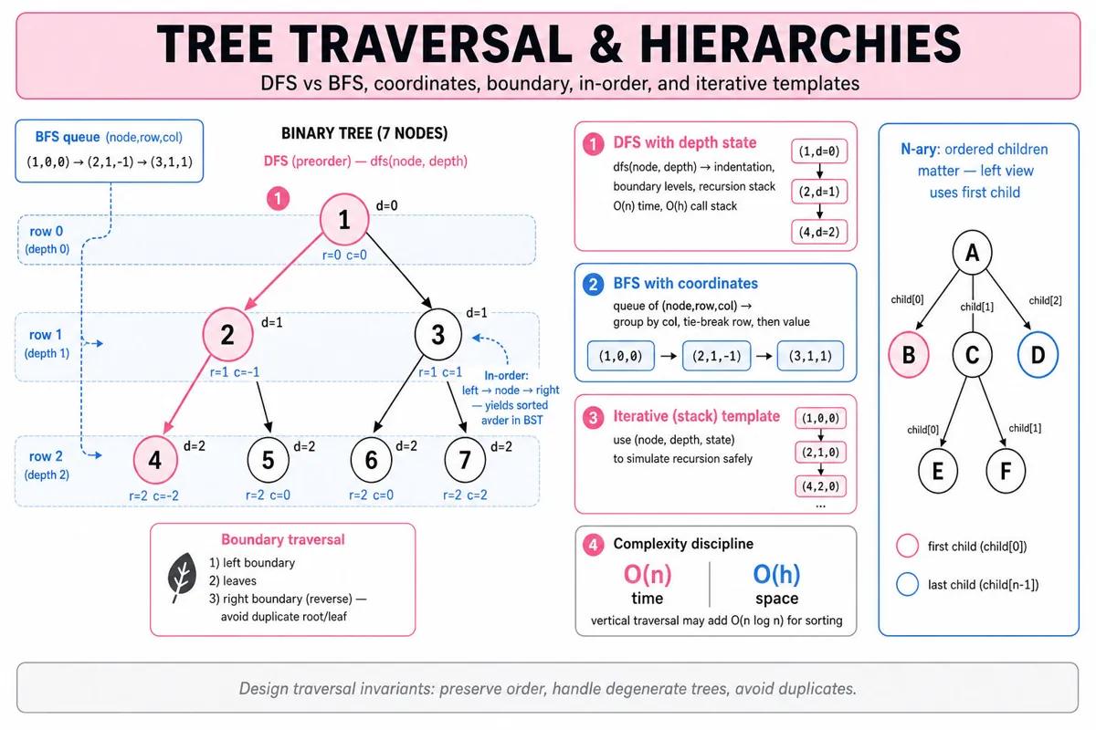 Clean infographic showing a central labelled binary tree and a smaller N-ary tree with highlighted DFS path (pink) and BFS layers (blue), plus small rounded cards explaining DFS (depth), BFS (row,col), in-order, boundary traversal, iterative stack template, and complexity callouts.