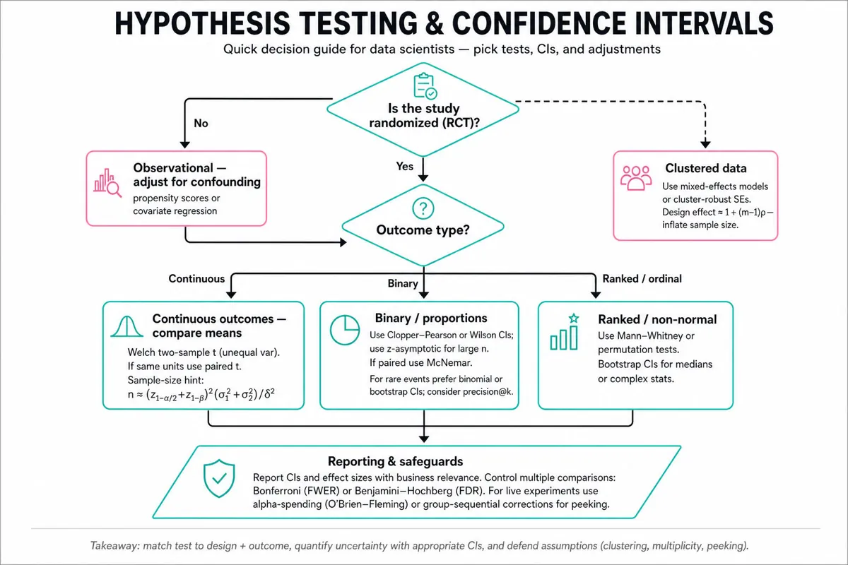 Top-to-bottom decision flowchart guiding test & CI choices: start with RCT vs observational, choose outcome type (continuous/binary/ranked) with recommended tests (Welch/paired t, Clopper–Pearson/Wilson/McNemar, Mann–Whitney/permutation/bootstrap), plus side notes for clustered data and reporting (C