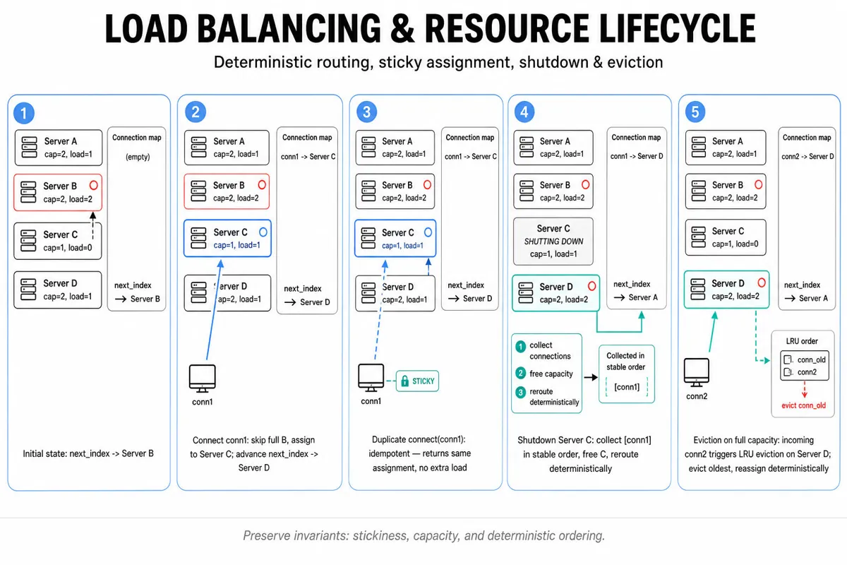 Five-frame horizontal trace of a load-balancer simulation: servers A–D (capacity/load), round-robin pointer, connection map, and captions for connect, duplicate connect, shutdown reroute, and eviction.