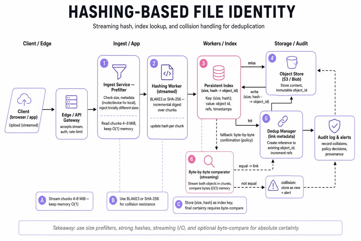 Architecture diagram showing client upload -> edge/API -> ingest service (prefilter) -> hashing worker -> index lookup -> object store or dedupe path, with dashed fallback to byte-by-byte comparator and collision alert.