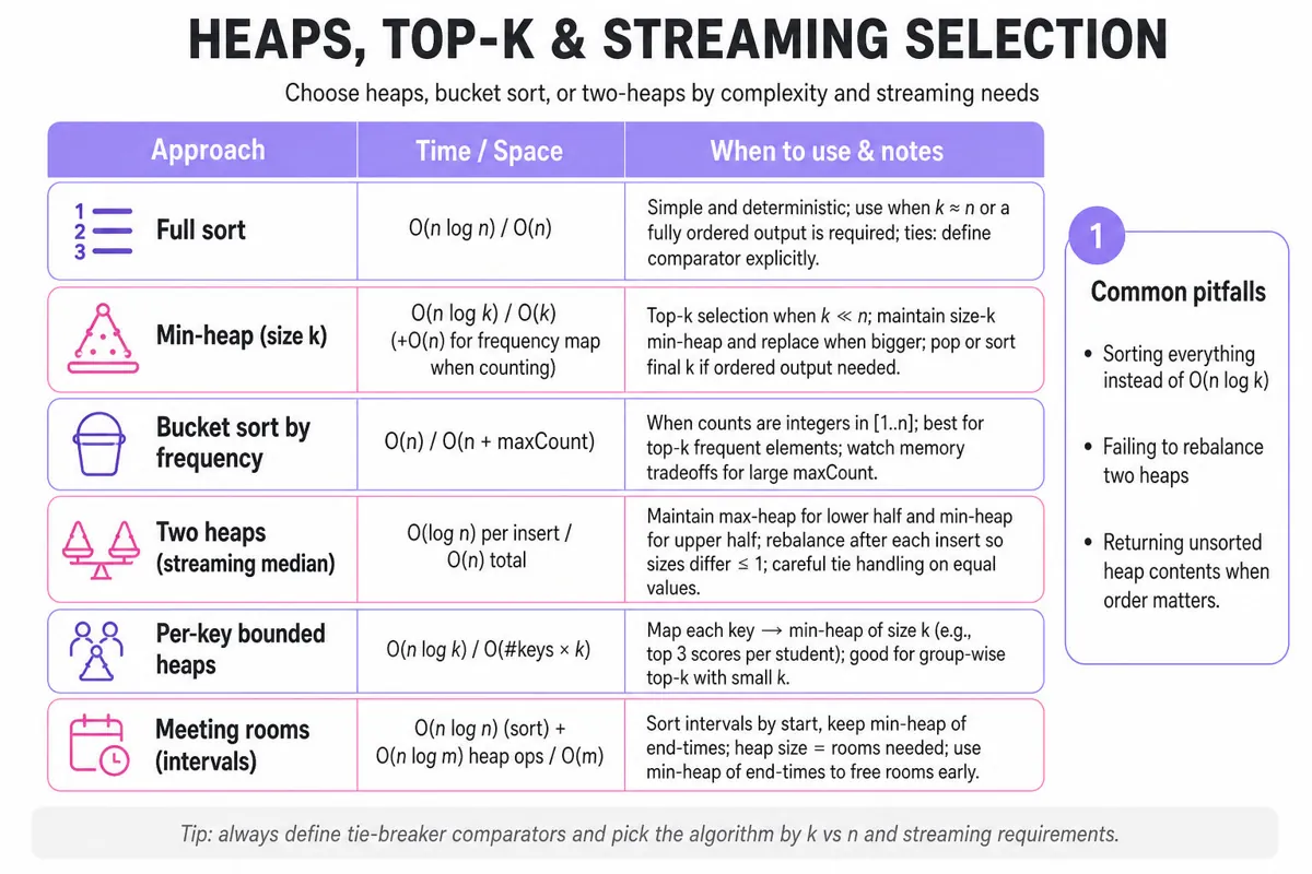 3-column comparison table of methods: Full sort, Min-heap (k), Bucket sort, Two-heaps median, Per-key heaps, Meeting-rooms heap — complexities, when to use, and notes.