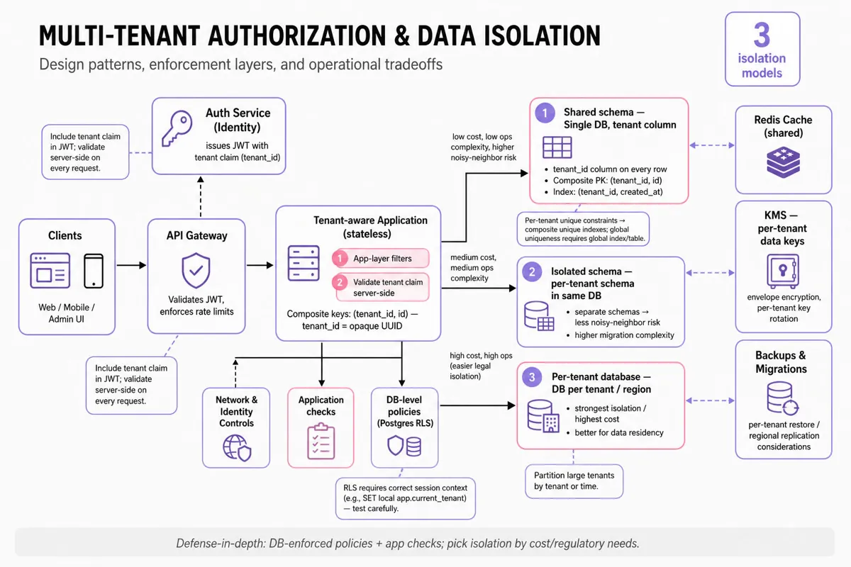 Landscape infographic showing client → API Gateway → Auth Service → tenant-aware app → three DB isolation options (shared schema, isolated schema, per-tenant DB) with enforcement layers (app checks, Postgres RLS, network), KMS, cache, and migration/backup callouts.