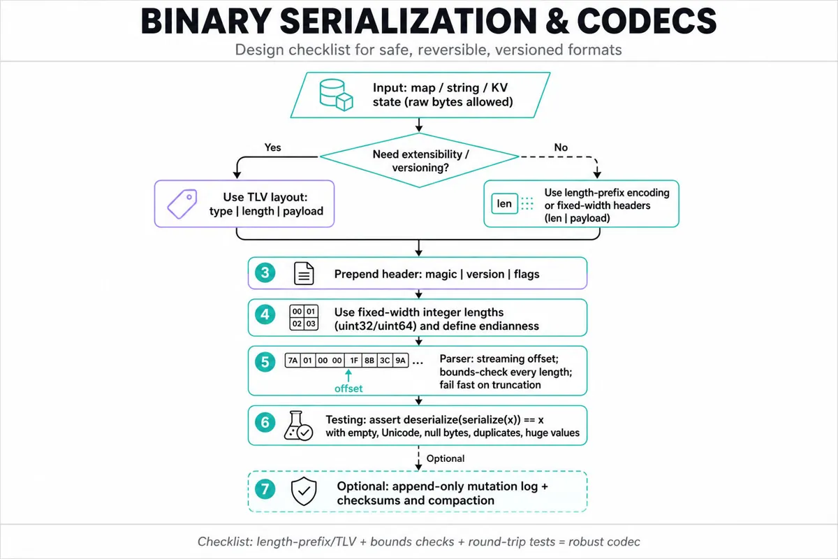 Top-to-bottom flowchart for designing binary-safe codecs: choose TLV vs length-prefix, add magic/version header, parser bounds-checks, streaming offset, round-trip tests, optional checksums.
