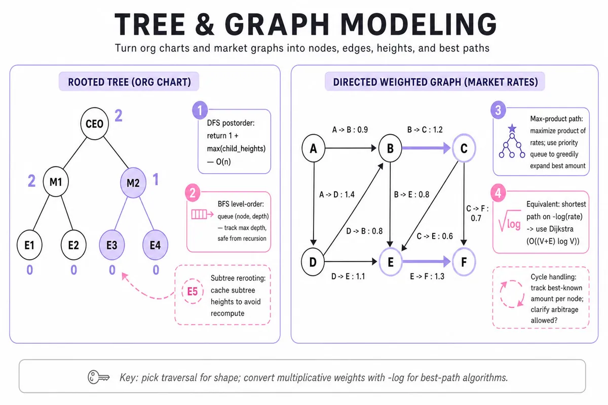 Side-by-side node diagrams: left a rooted tree with subtree heights (DFS postorder) and BFS level markers; right a directed weighted graph with edge rates, best-product path highlighted and a note about -log(rate) + Dijkstra.