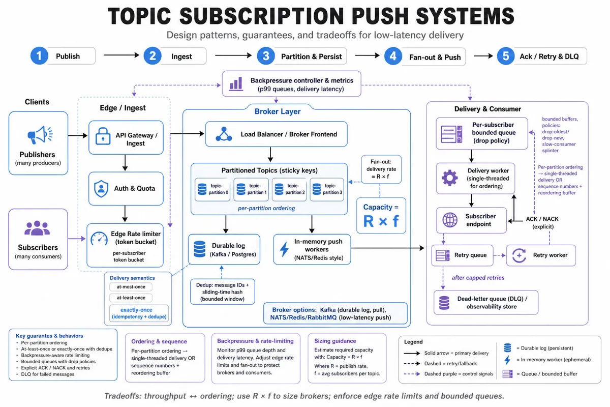 Landscape infographic architecture diagram showing publishers → edge (rate limiter) → broker cluster (partitioned topics, in-memory push, per-subscriber queues) → subscribers, with retry/DLQ, dedup, ordering and monitoring callouts.