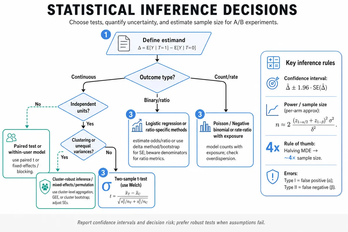 Top-to-bottom flowchart guiding test selection: define estimand, branch by outcome type (continuous/binary/count), check independence/clustering, recommend Welch t-test or cluster-robust methods; right-side card with CI and power formulas and a sample-size rule.