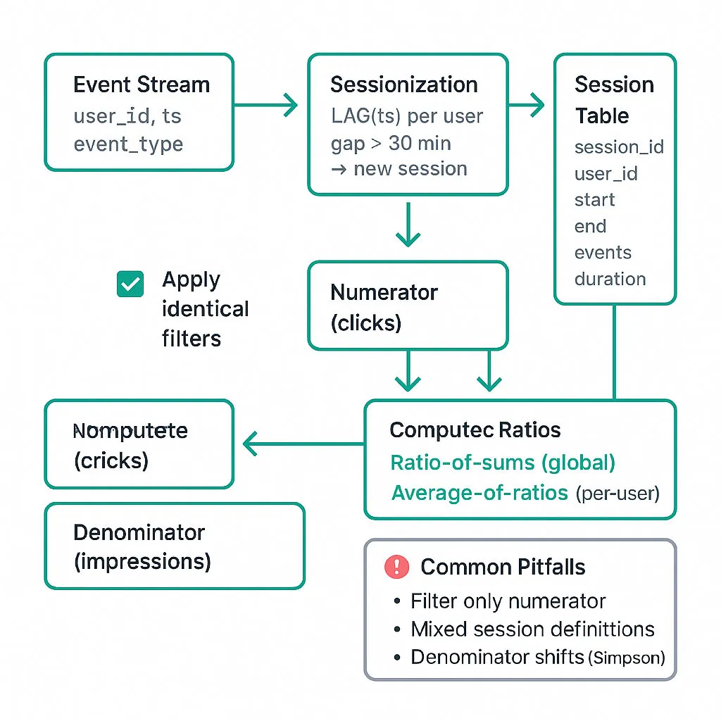 Flowchart showing event stream -> SQL sessionization -> session table -> numerator/denominator aggregations -> compute ratios (ratio-of-sums vs avg-of-ratios) with common pitfalls listed.