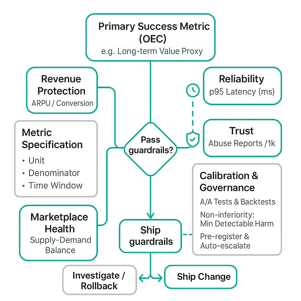 Clean diagram: central Primary Success Metric (OEC) node with branching guardrails (p95 latency, abuse reports, cancellation rate, ARPU), metric spec, calibration, non‑inferiority threshold, and decision node Ship/Investigate.