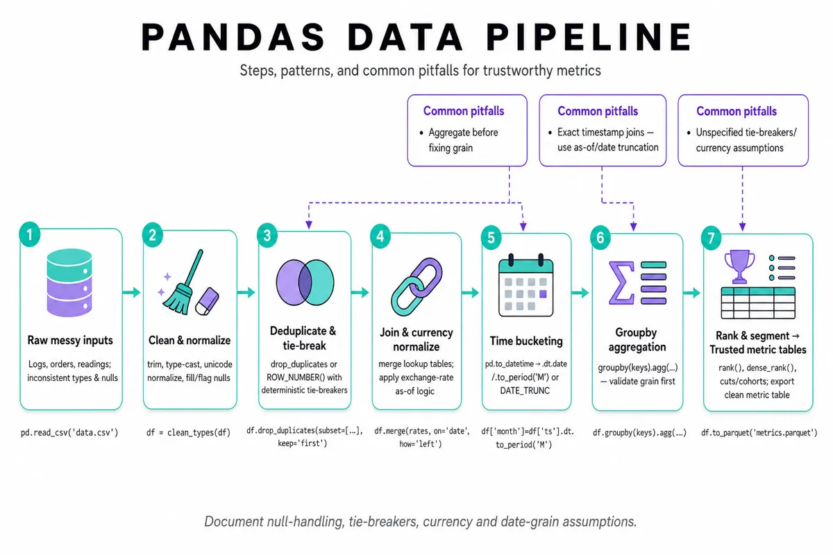 Horizontal infographic of a Pandas data-manipulation pipeline: raw data → cleaning → dedupe → join & currency normalize → time bucketing → groupby aggregation → ranking & segmentation → trusted metric table outputs, with pitfalls callouts.