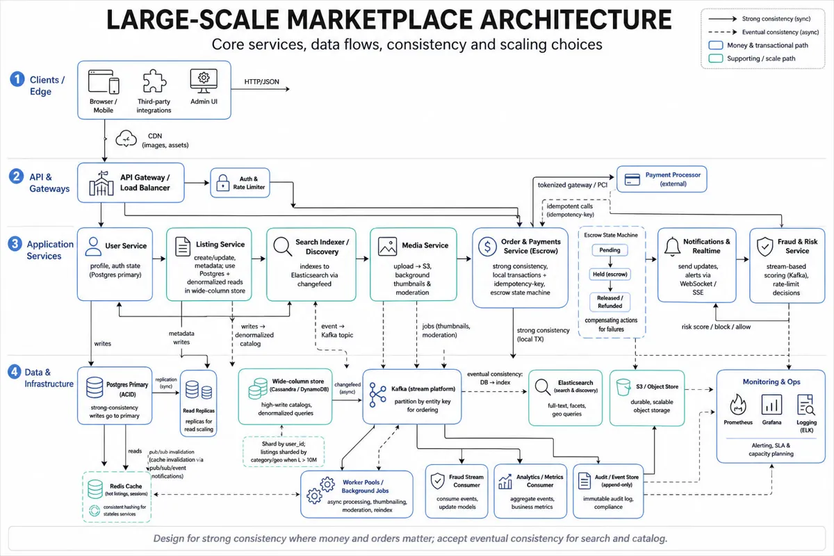 Landscape infographic architecture diagram of a large-scale two-sided marketplace showing clients, CDN, API Gateway, microservices (User, Listing, Order/Payments/Escrow, Media, Search), datastores (Postgres, Cassandra/DynamoDB, Redis, Elasticsearch, S3), Kafka, worker pools, and arrows for strong vs