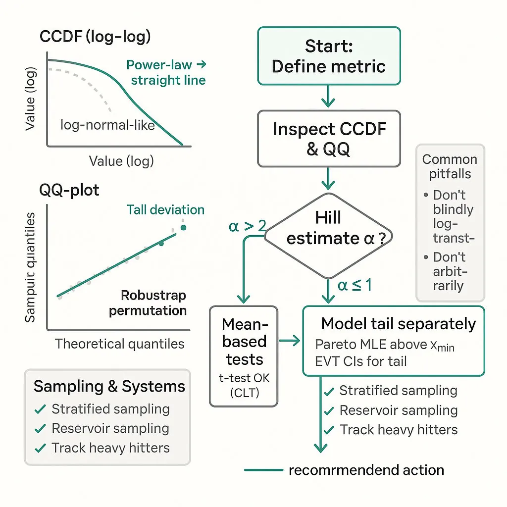 Square diagram: left column shows CCDF (log-log) and QQ-plot insets; right column is a decision flowchart for handling heavy-tailed metrics with sampling and pitfalls boxes.