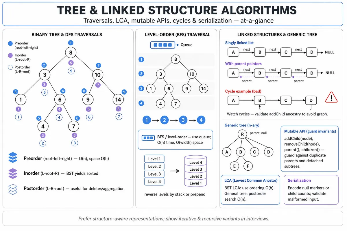 Landscape infographic showing labeled node diagrams: a binary tree with preorder/inorder/postorder visit highlights, a level-order band, a linked-list with parent pointers and a cycle marked, and small cards for LCA, mutable-API and serialization tips.
