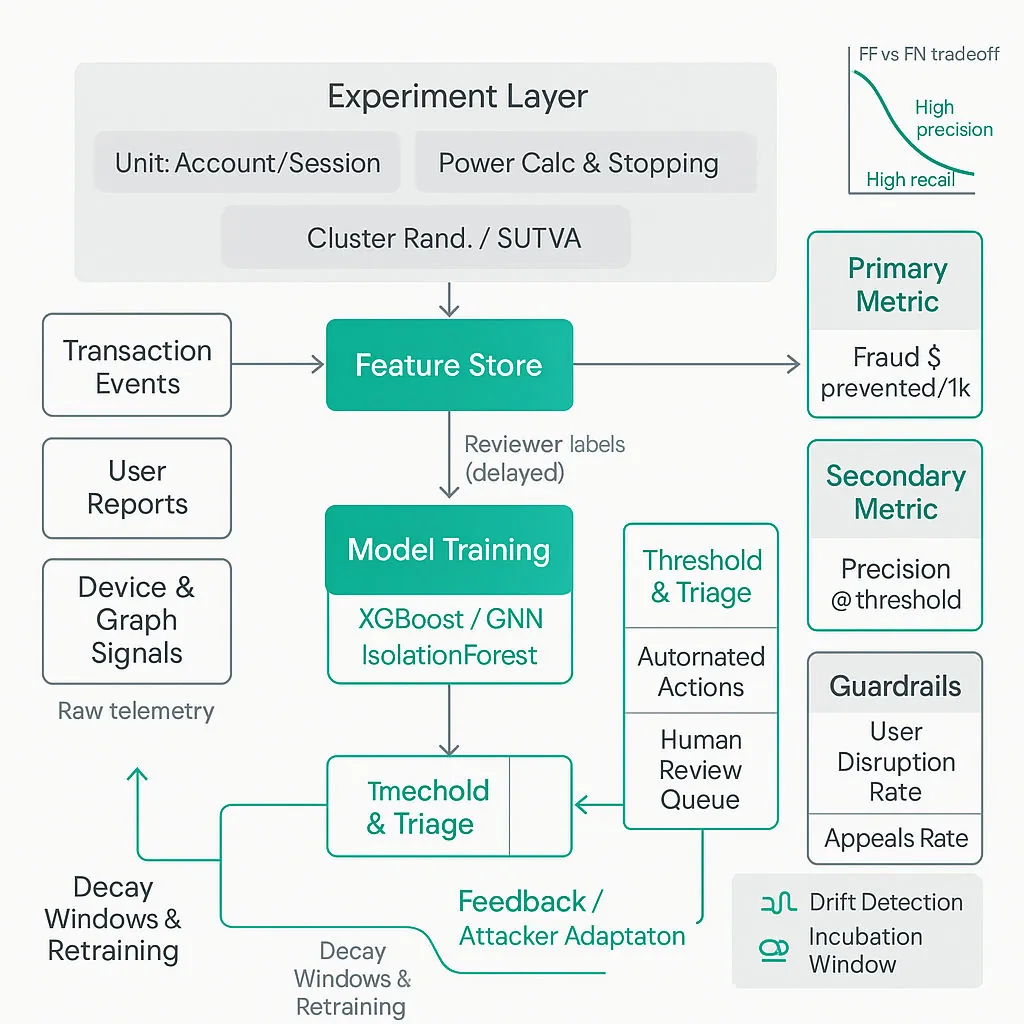 Clean diagram of fraud-measurement pipeline: data sources → labeling → model training → threshold & triage → human review, with experiment layer, metrics/monitoring, and feedback loop for drift/attacker adaptation.