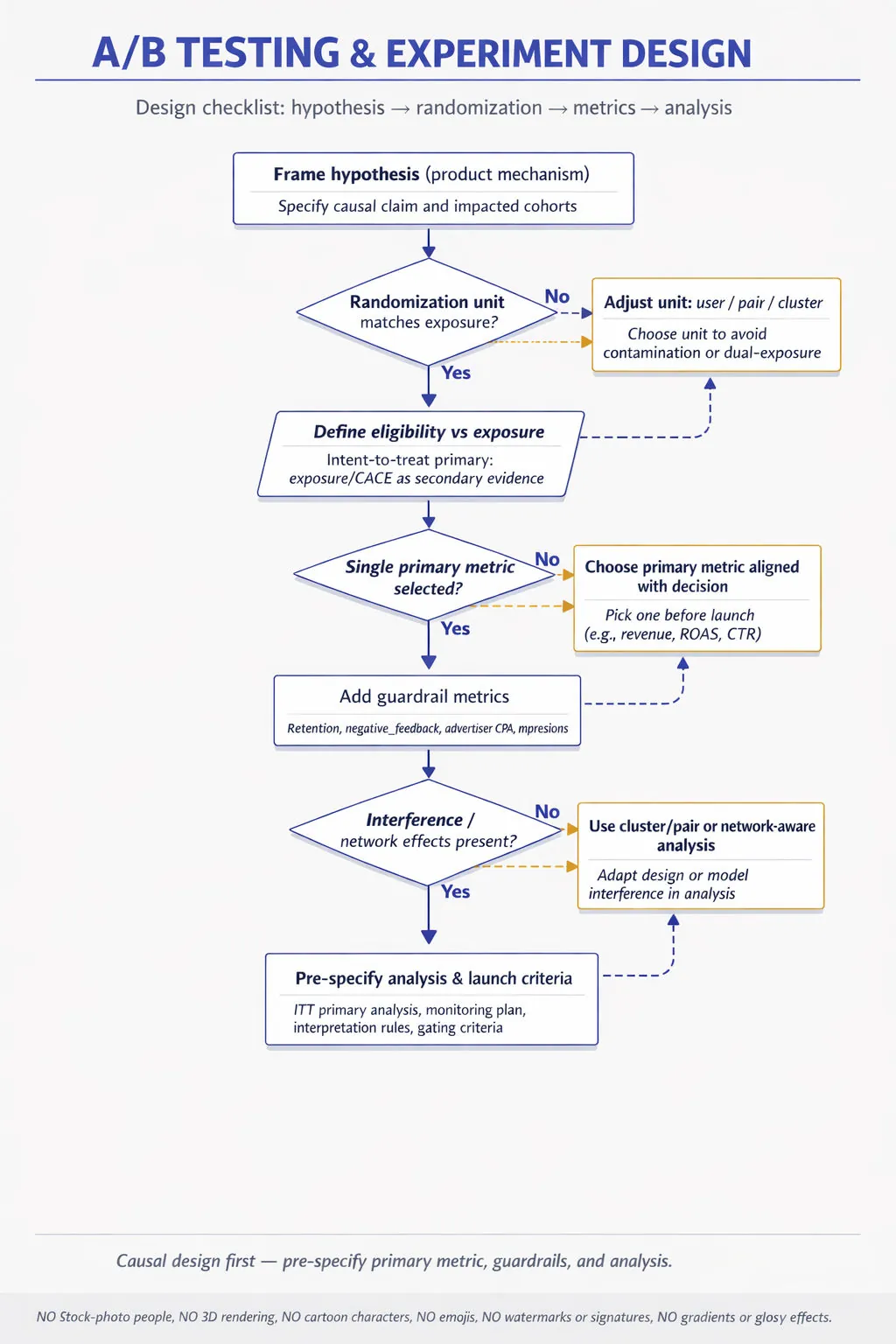 Top-to-bottom decision flowchart for A/B experiment design: hypothesis → randomization unit decision → eligibility vs exposure → primary metric selection → guardrails → interference check → pre-specify analysis and launch criteria.