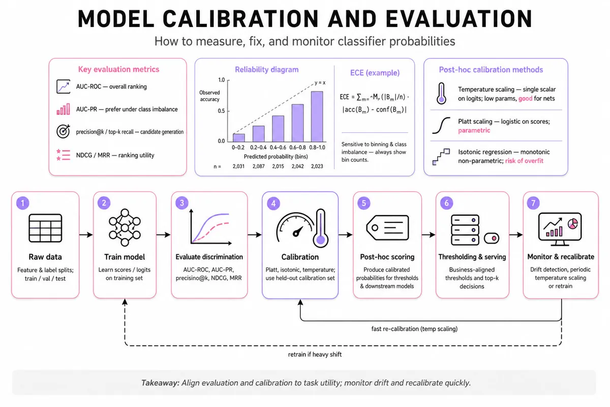 Landscape infographic: horizontal ML pipeline from raw data → model → evaluation → calibration → serving → monitoring; includes inset metric card, calibration-methods card, and a small reliability diagram with ECE formula.